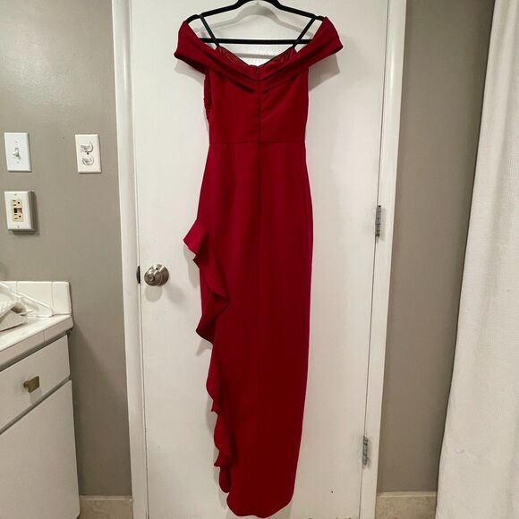 Shoshanna Midnight Off the Shoulder Ruffle Slit Cocktail Long Gown Red 4 - Picture 2 of 13